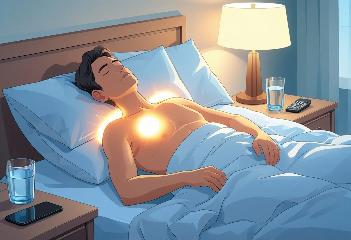 Is Sleeping on Left Side Bad for Heart Health? Best Sleep Position An illustration of a man lying down in a bed with his chest glowing.