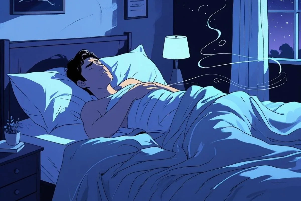 Tossing and Turning at Night: Causes and Effective Solutions Illustration of a cool, well-ventilated bedroom environment that promotes uninterrupted sleep and reduces nighttime restlessness