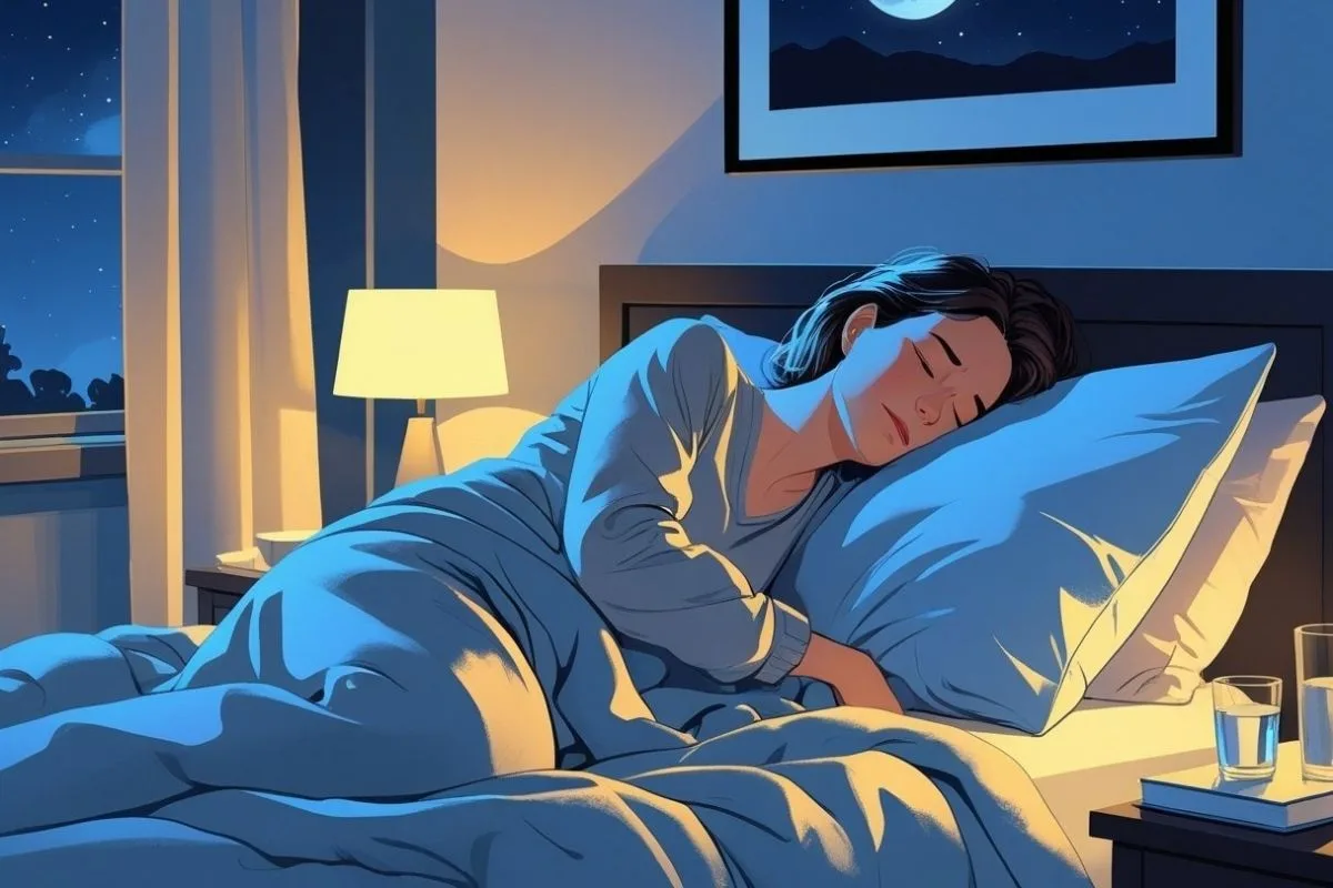 Person sleeping peacefully on their side, demonstrating a comfortable sleep position that can reduce tossing and turning at night