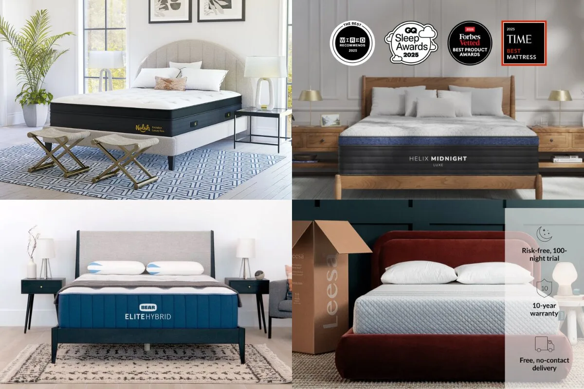 What Type of Mattress Is Good for Side Sleepers? 4 images of beds: Nolah Evolution 15", Helix Midnight Luxe, Bear Elite Hybrid, Leesa Sapira Hybrid