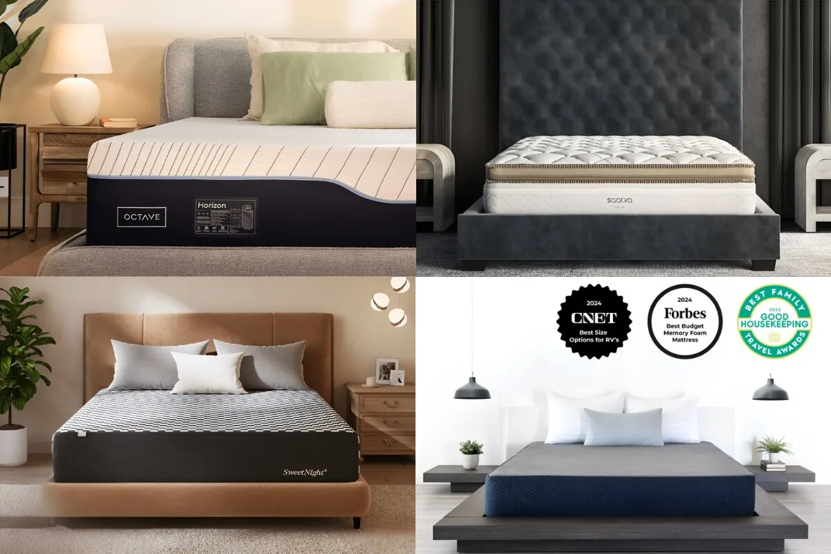 Are Memory Foam Mattresses Best for Side Sleepers? 4 images of beds: Octave, Saatva, SweetNight, and Brooklyn Bedding.