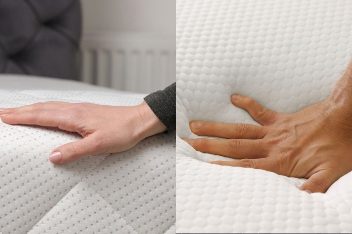 A side to side image of a person pressing mattresses.