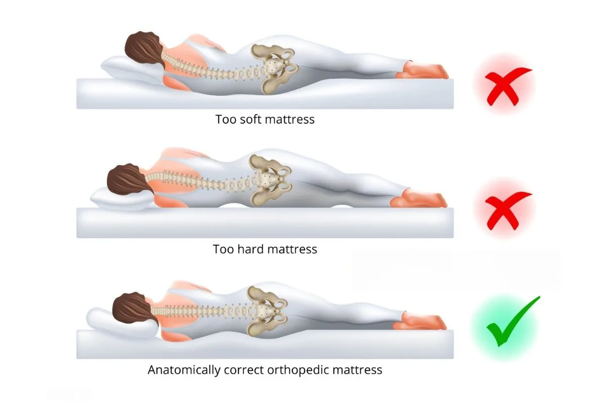 Is a Hard or Soft Mattress Better for Side Sleepers? A diagram of a woman on different types of mattresses: Too soft mattress, Too hard mattress, Anatomically correct orthopedic mattress.