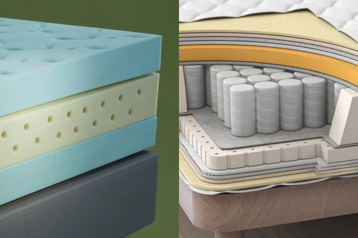 Is Memory Foam or Hybrid Better for Side Sleepers? A side to side image comparison of memory foam and hybrid mattresses.