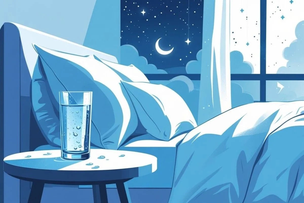Keto Insomnia: Causes, Symptoms, and Effective Remedies Glass of water by the bed highlighting the importance of hydration for preventing keto insomnia