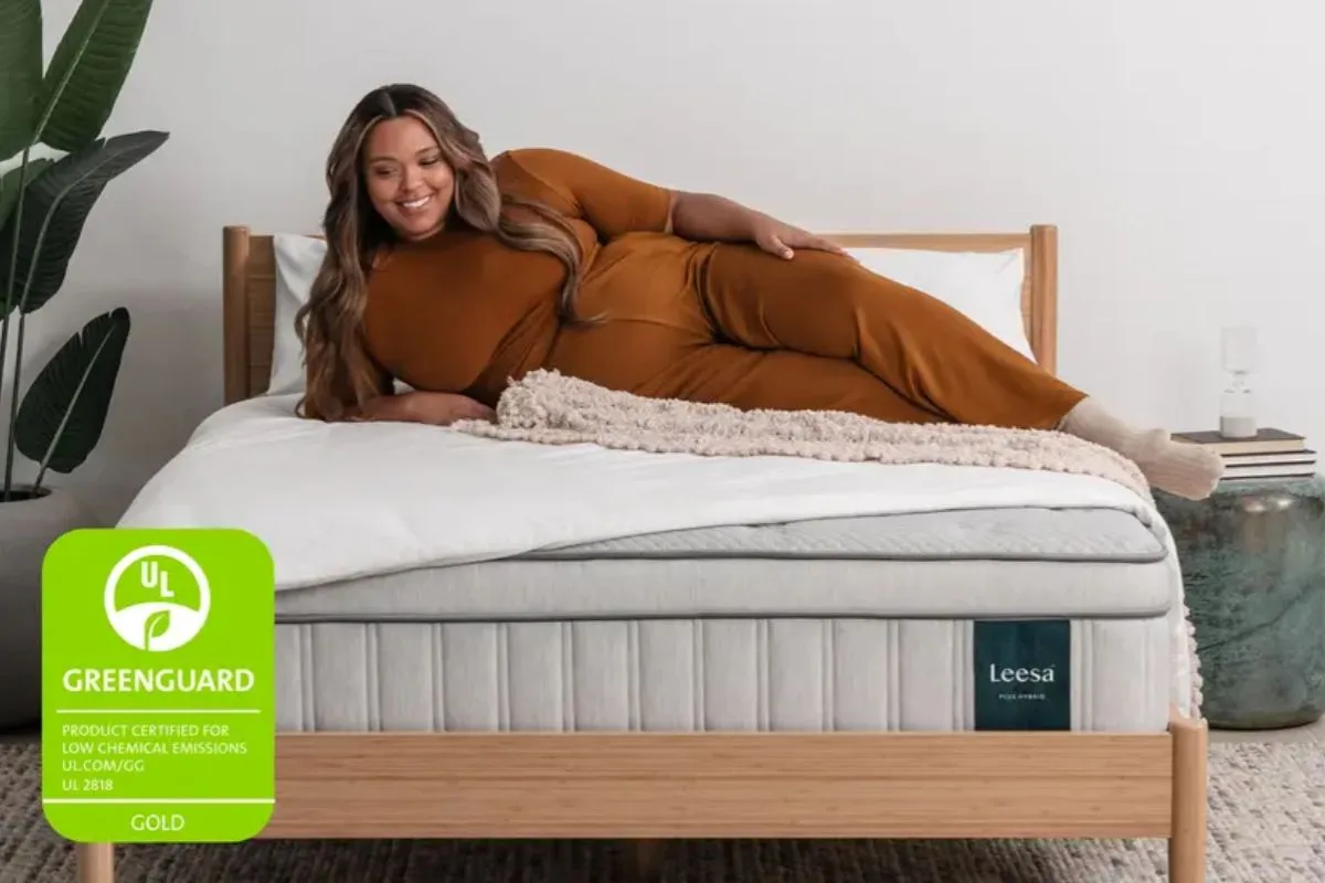 Leesa Plus Hybrid Mattress with GREENGUARD Gold certification, highlighting its low chemical emissions and safety standards