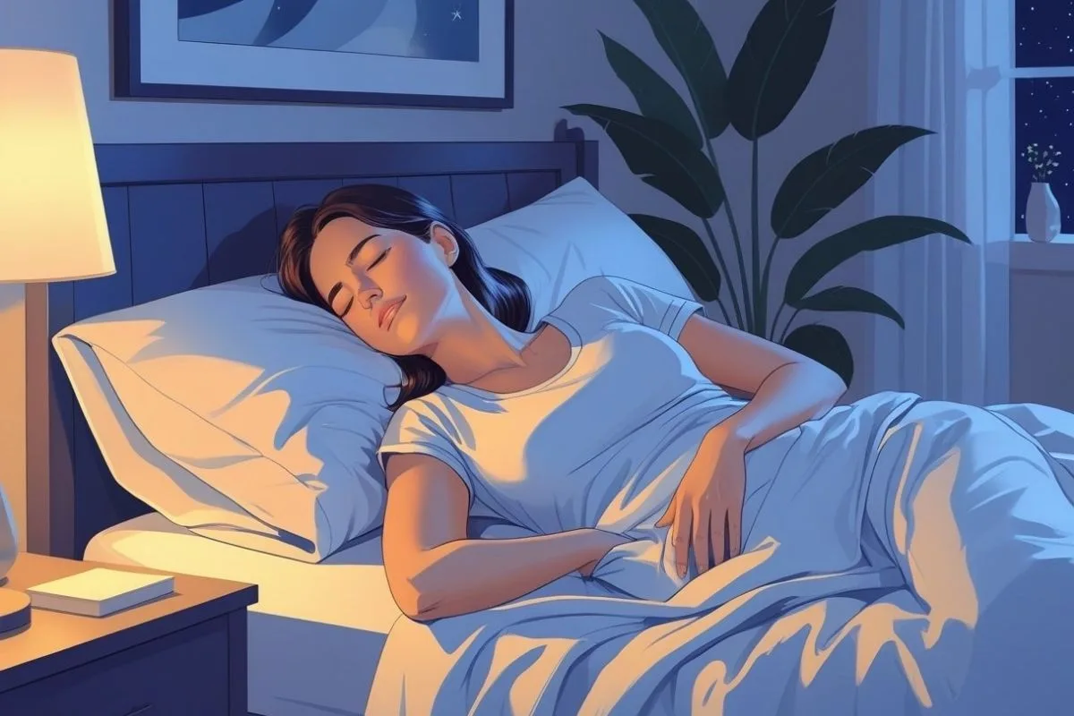 Pregnant woman sleeping on her side with pillow support to reduce sacroiliac joint pain during pregnancy