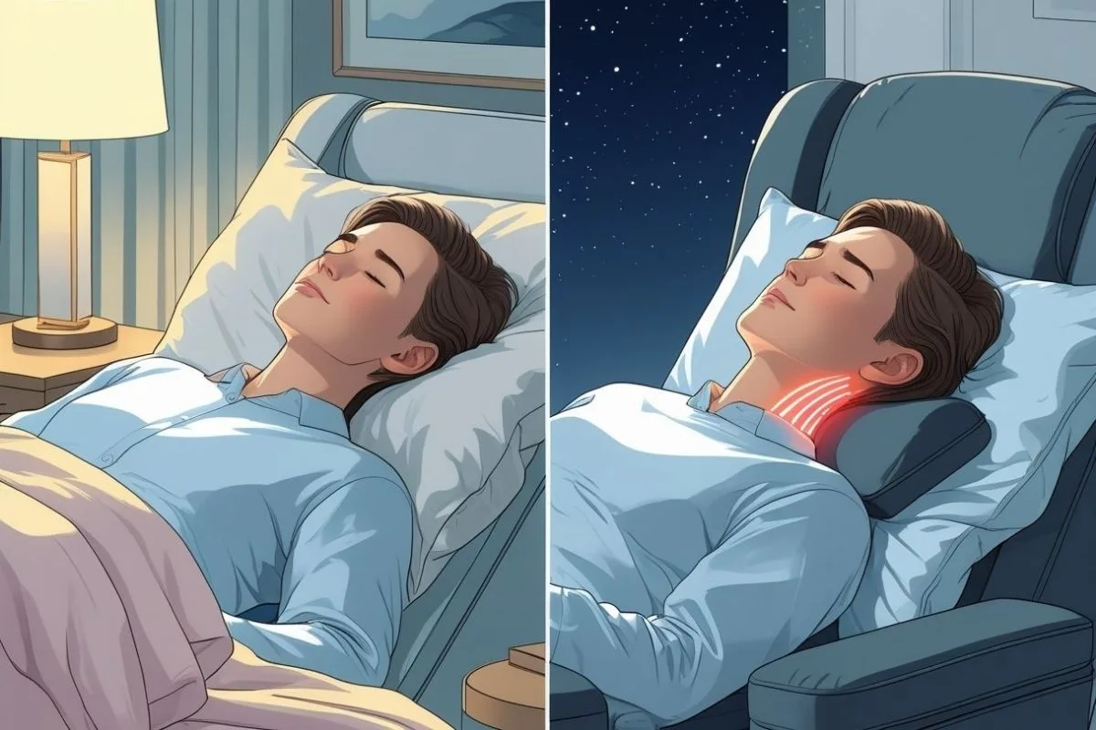 Sleeping Upright: Benefits, Risks, and Tips for Comfortable Rest Comparison of flat sleeping versus sleeping upright with proper neck support