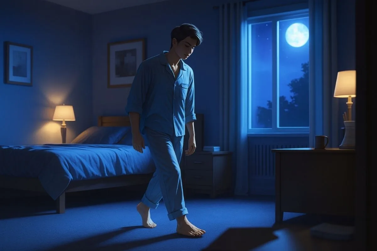 Sleepwalking: Causes, Symptoms, and Treatment Options Sleepwalker walking barefoot across a bedroom during the night while remaining asleep
