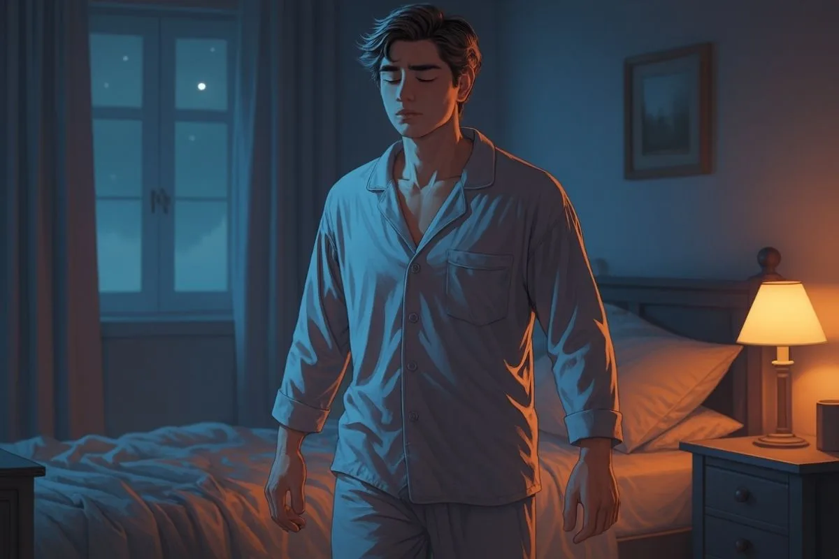 Person sleepwalking through a bedroom at night, illustrating a common symptom of sleepwalking