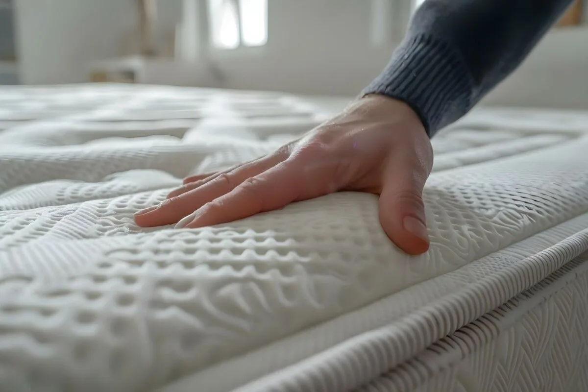 What Type of Mattress Is Best for Combination Sleepers? A person touching a mattress.