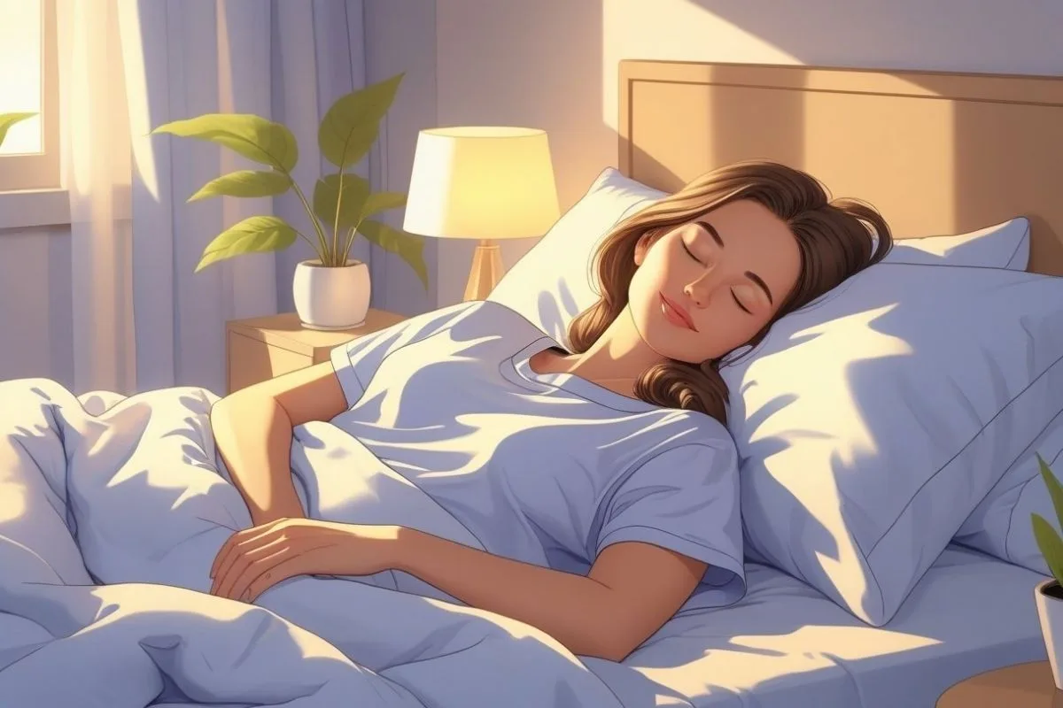 Woman sleeping on her back with proper spinal alignment for healthy sleep posture