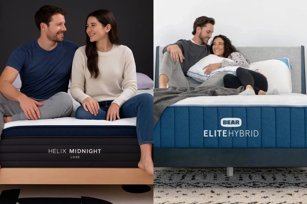 Helix Midnight Luxe vs Bear Elite Hybrid Helix Midnight Luxe vs Bear Elite Hybrid comparison for couples, comfort, and shared sleeping performance
