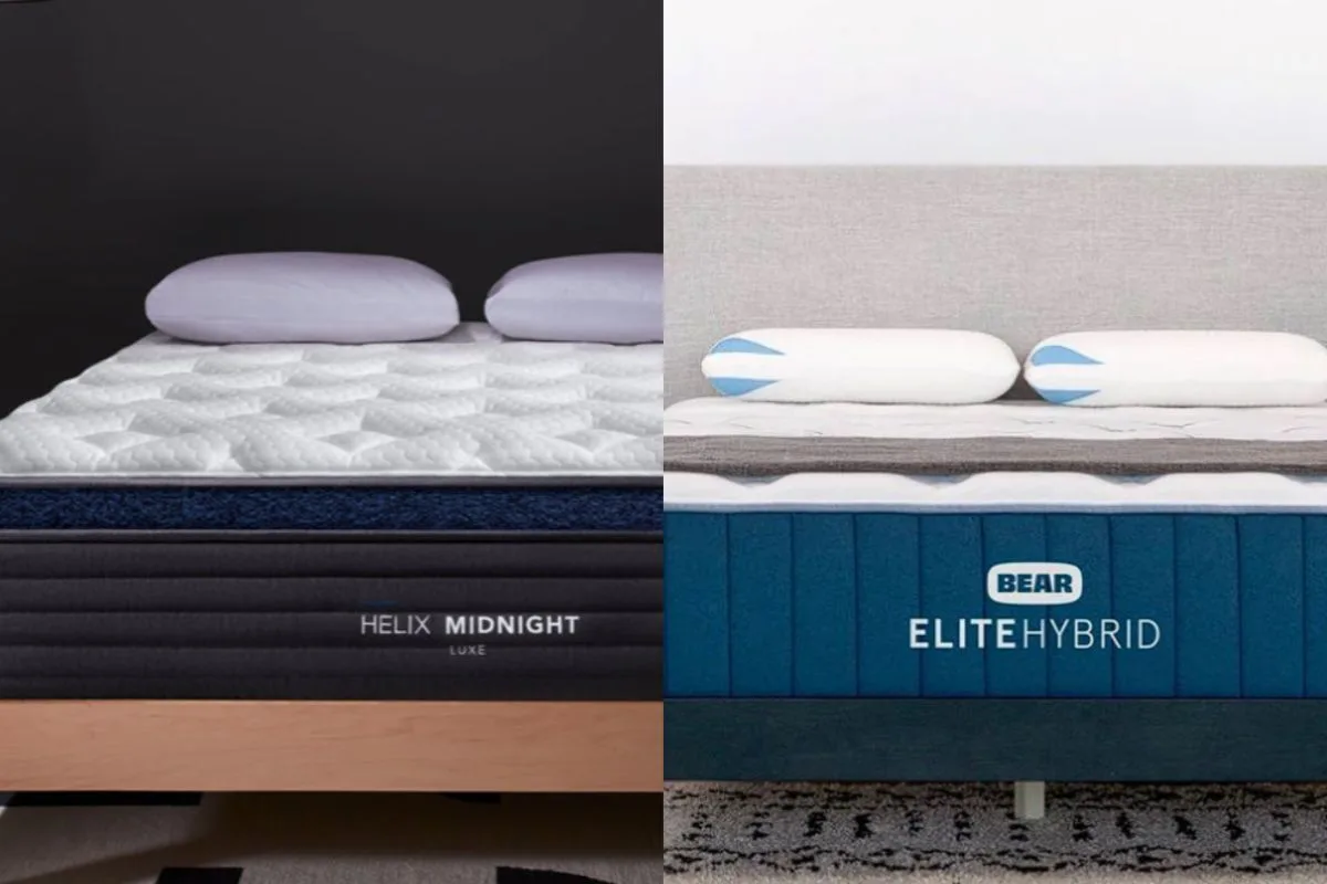 Helix Midnight Luxe vs Bear Elite Hybrid mattress comparison highlighting design and overall appearance