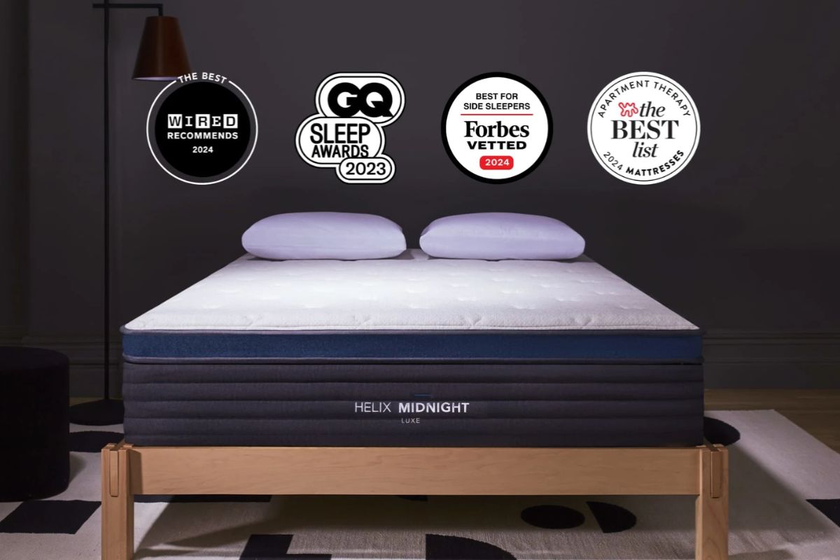 Helix Midnight Luxe mattress with industry awards showcasing its premium features and recognition