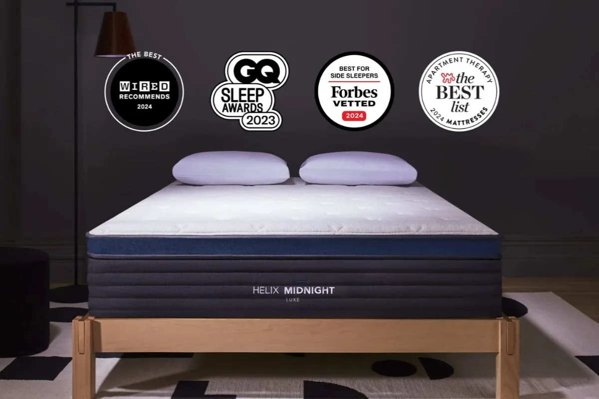 Helix Midnight Luxe mattress with industry awards showcasing its premium features and recognition