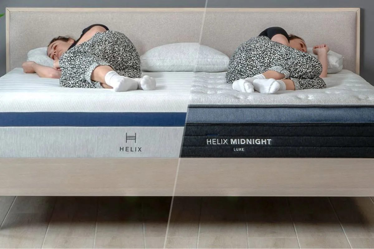 Helix Midnight Luxe vs Helix Midnight Side-by-side comparison of the Helix Midnight Luxe and Helix Midnight showing side sleeper support, pressure relief, and comfort across sleeping positions