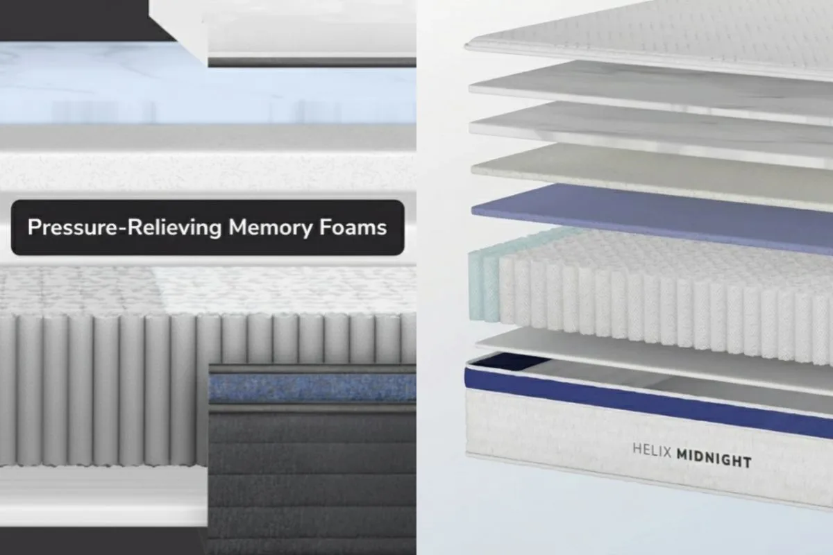 Helix Midnight Luxe vs Helix Midnight Comparison of the Helix Midnight Luxe and Helix Midnight comfort layers highlighting pressure-relieving foam construction