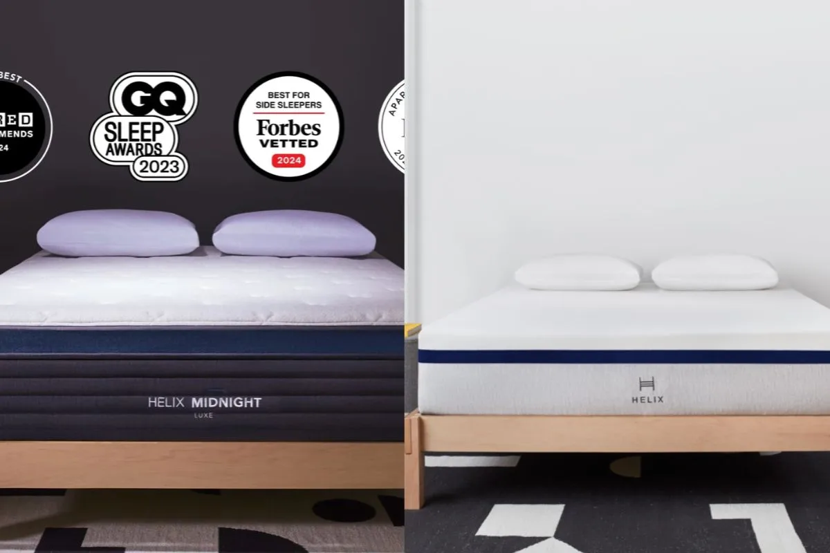 Side-by-side comparison of the Helix Midnight Luxe and Helix Midnight mattresses highlighting their overall design and appearance