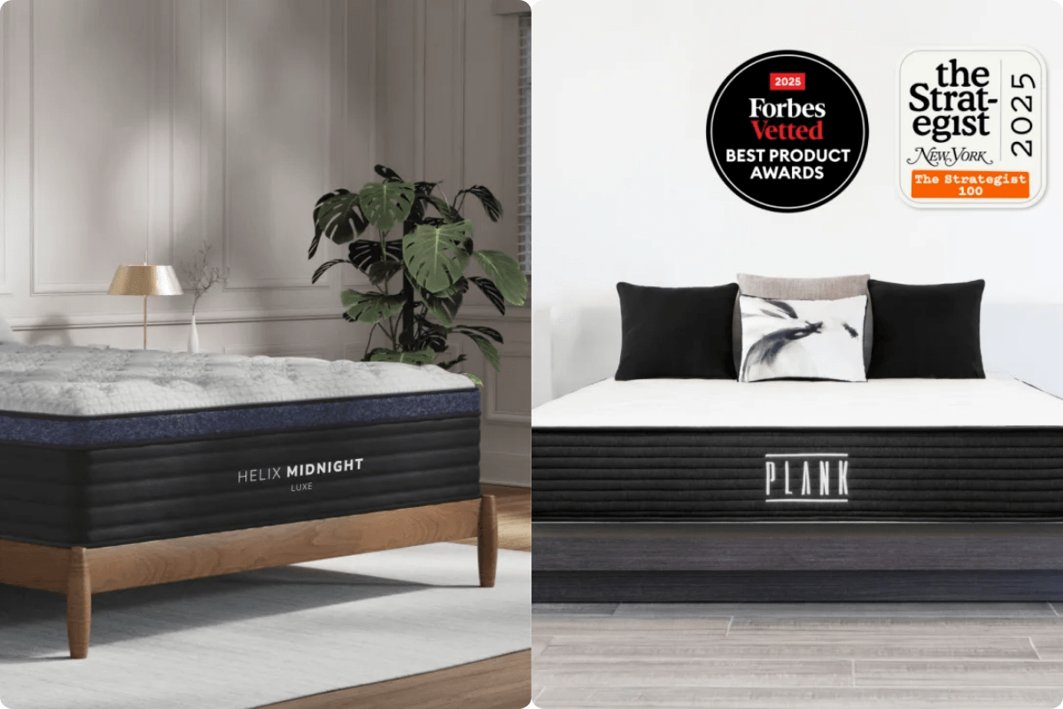 Helix Midnight Luxe comparing to the Plank Firm with accolades on the top.