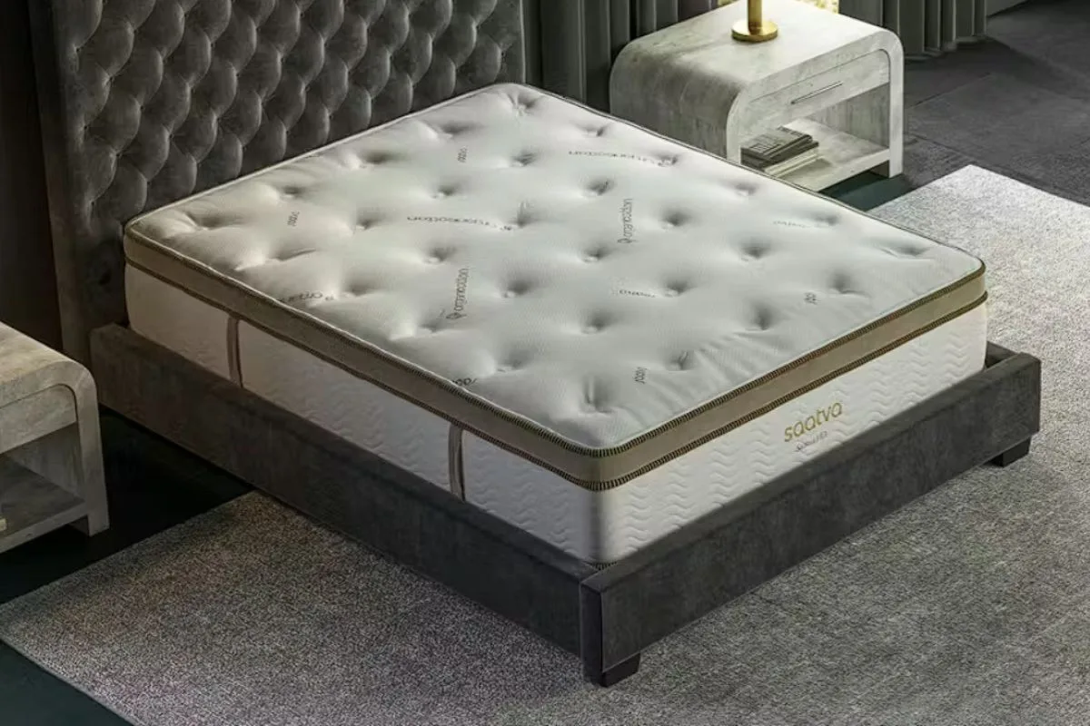 Close-up of the Saatva HD Mattress highlighting the design and construction tested during the home sleep trial