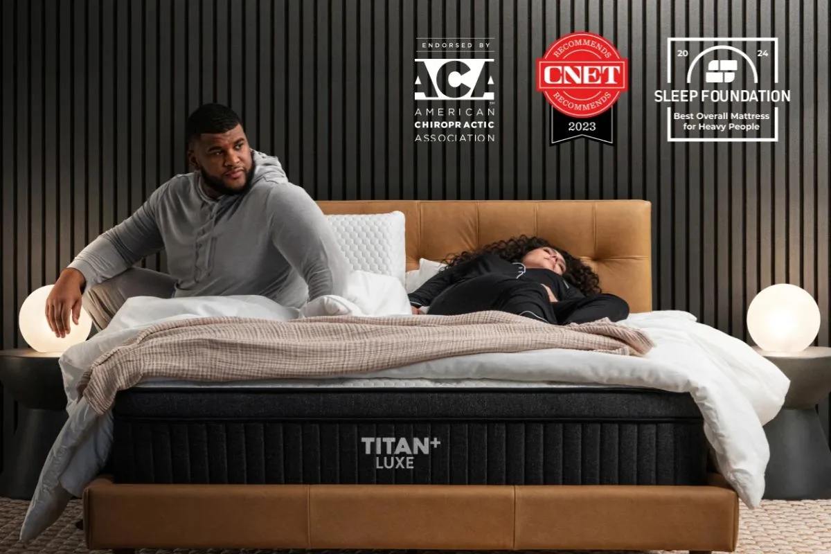 Titan Plus Luxe Mattress with safety certifications and awards highlighting trusted materials, support, and durability for heavy sleepers