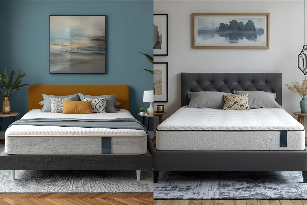 What Should Side Sleepers Be Aware Of? 2 different images of a bed: one coloured teal and gray.