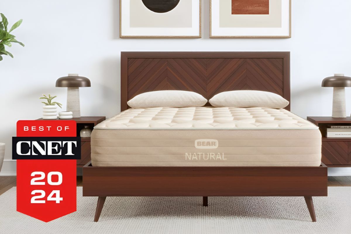 Bear Natural mattress on wooden bed with CNET Best Of 2024 badge