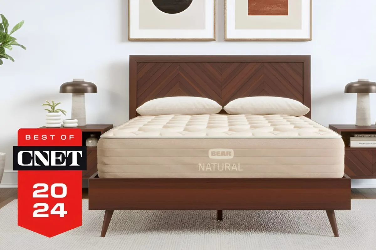 Bear Natural mattress on wooden bed with CNET Best Of 2024 badge