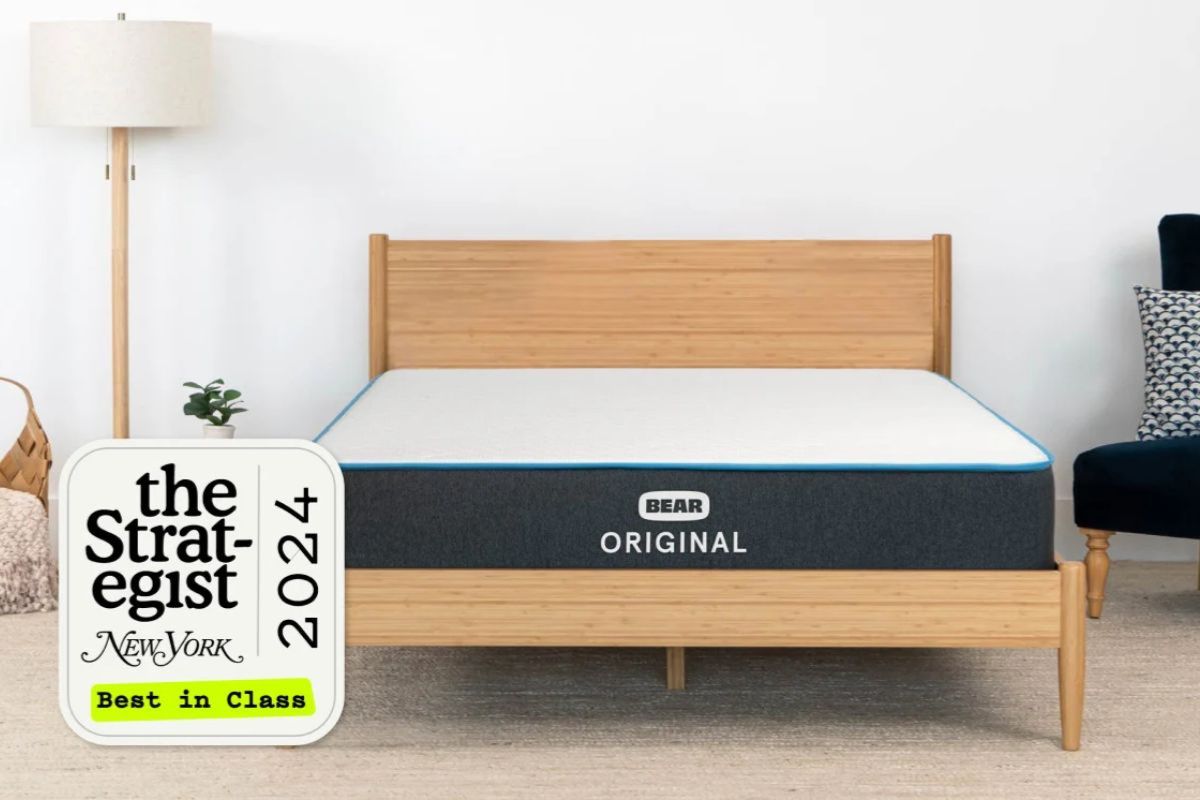 Bear Original mattress review on a wooden bed frame with 2024 Best in Class award badge