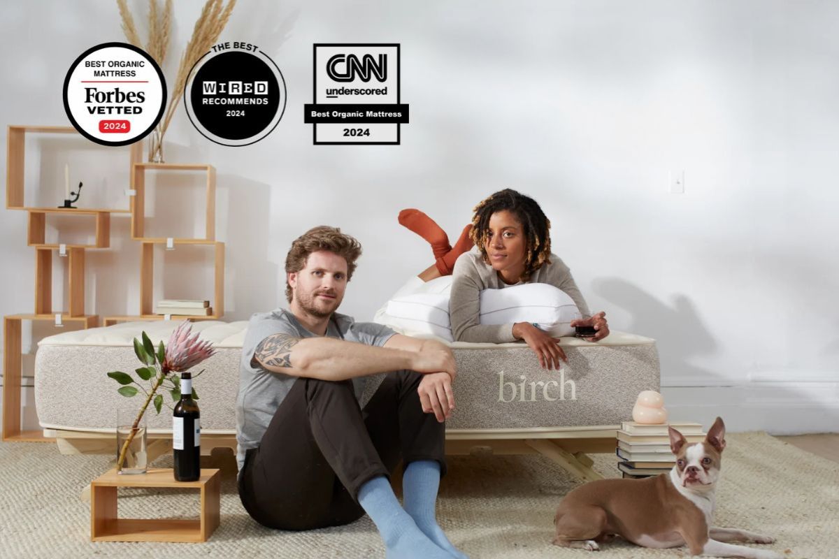 Birch Natural mattress with couple and dog showcasing lifestyle and comfort