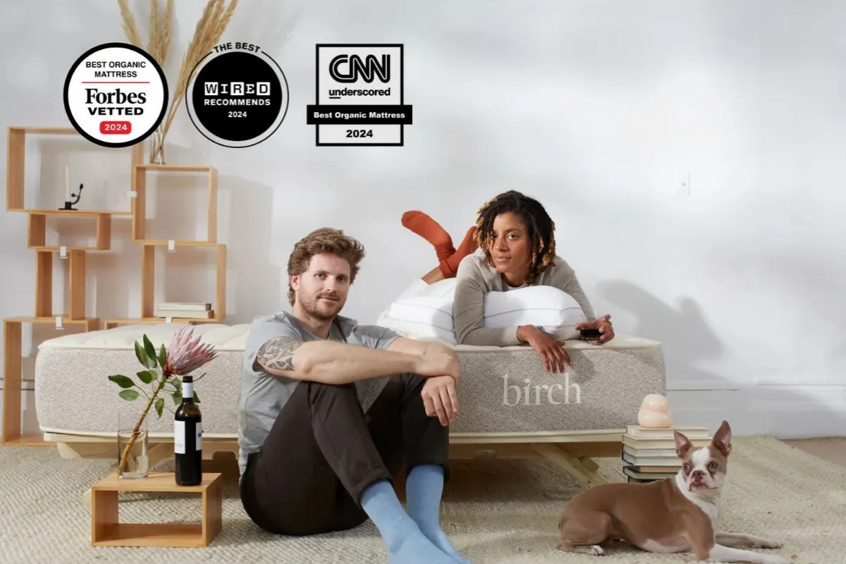 Birch Natural mattress with couple and dog showcasing lifestyle and comfort