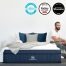Brooklyn Bedding Aurora Luxe mattress with 2024 awards and reviewer sitting beside bed