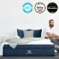 Brooklyn Bedding Aurora Luxe mattress with 2024 awards and reviewer sitting beside bed
