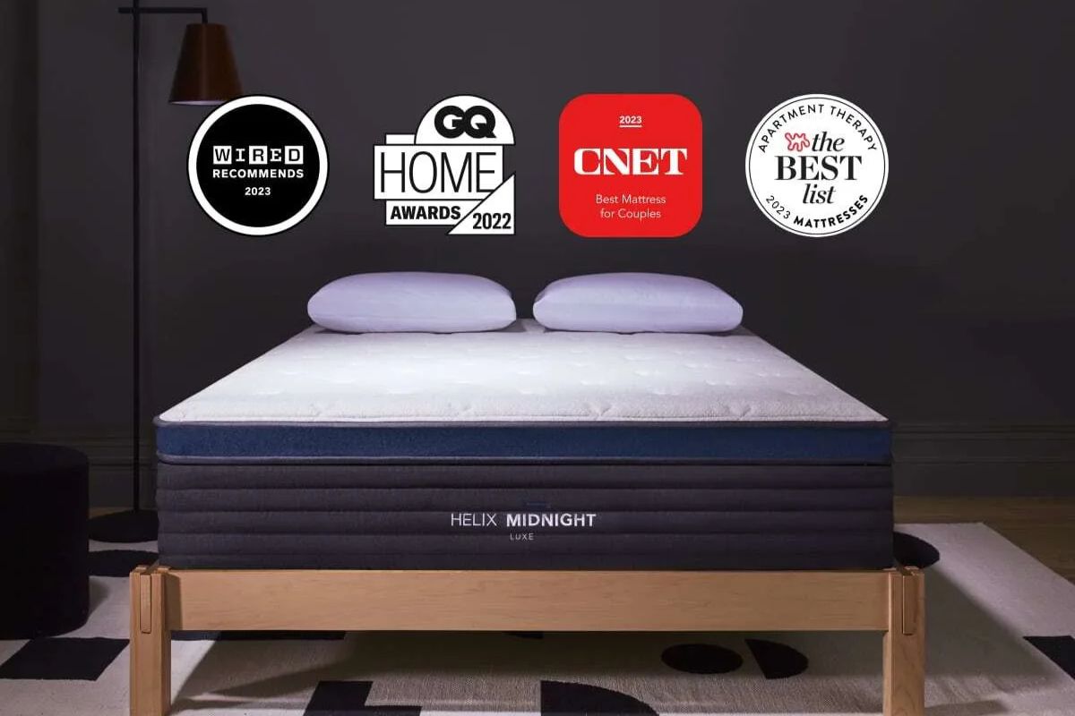 Helix Midnight Luxe innerspring hybrid mattress with premium support and award recognition badges