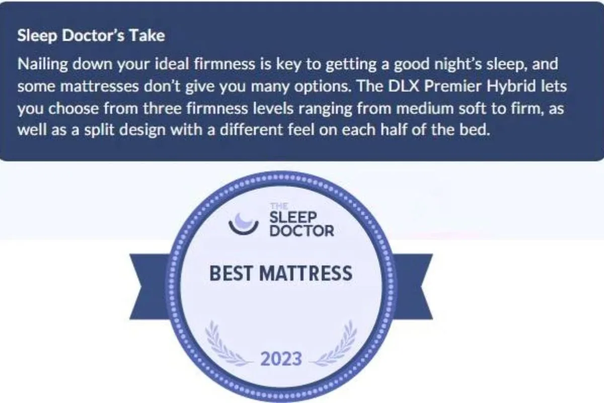 Sleep Doctor award badge and expert quote about DLX Premier Hybrid mattress firmness options