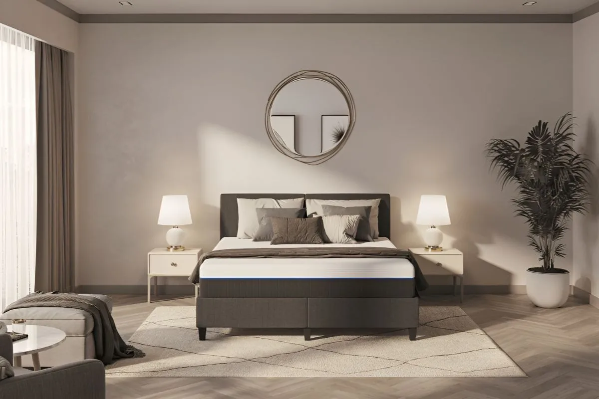 Emma Luxe Plus mattress on bed frame in stylish bedroom environment