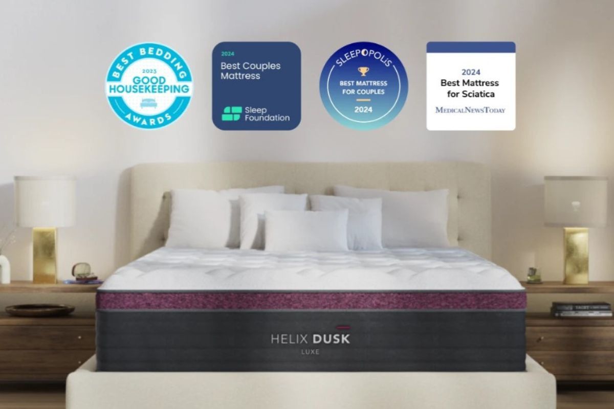 Helix Dusk Luxe mattress with awards and bedroom setup