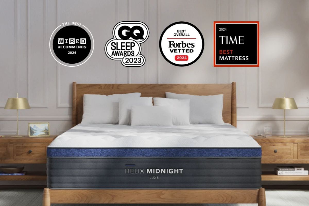 Helix Midnight Luxe mattress on wooden bed frame in modern bedroom setup