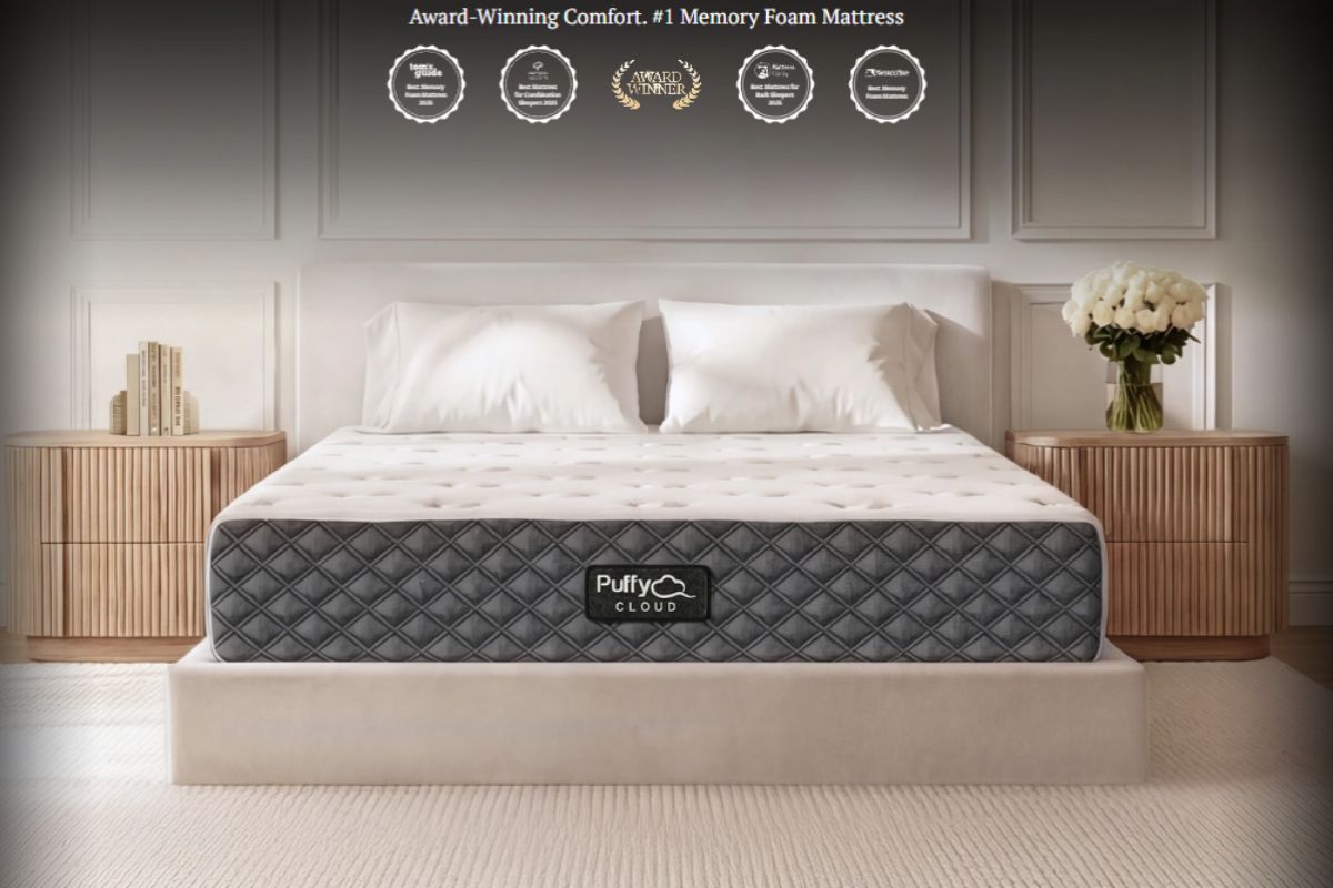 Puffy Cloud mattress in bedroom setting highlighting soft memory foam comfort and minimal design