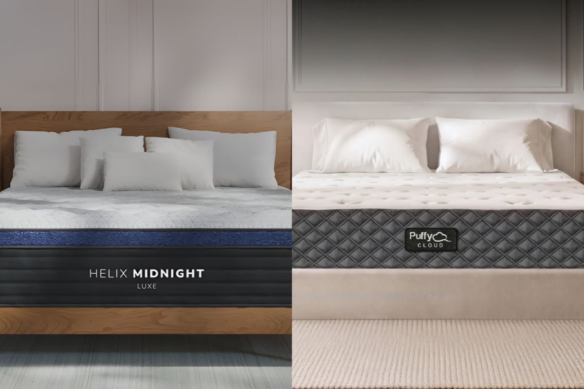 Helix Midnight Luxe vs Puffy Cloud mattress comparison showing both beds side by side in modern bedrooms