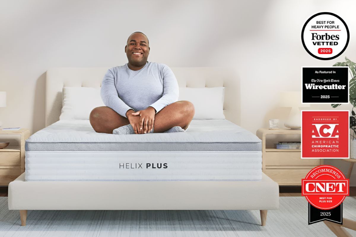 Helix Plus mattress on bed frame showing overall design and height profile