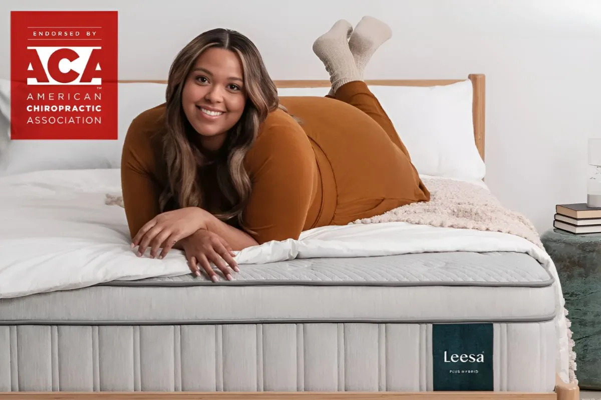 Leesa Plus Hybrid mattress on bed frame with clean modern bedroom setup