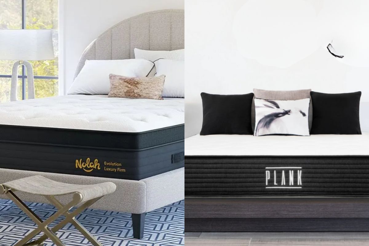 Nolah Evolution 15 vs Plank Firm mattress comparison showing both beds side by side in modern bedroom settings