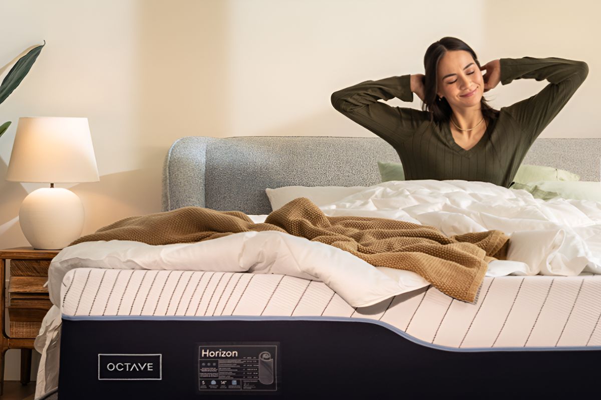 Full view of Octave Horizon mattress on bed frame in bedroom setting