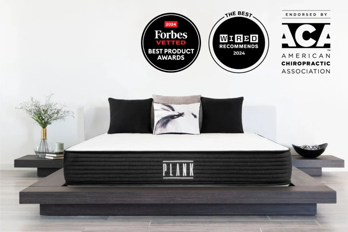 Awards and certifications for Plank Firm mattress including Forbes and Wired