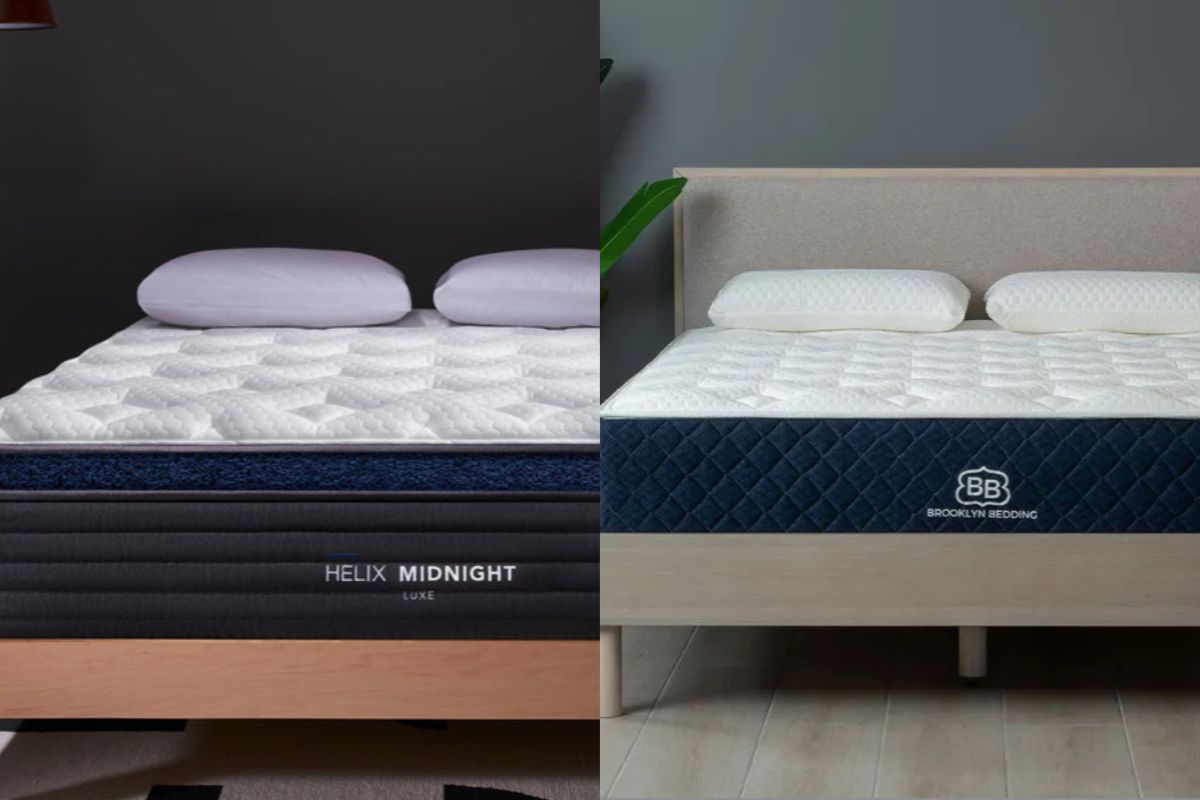 Helix Midnight Luxe vs Brooklyn Bedding Signature Hybrid mattress comparison showing both beds side by side
