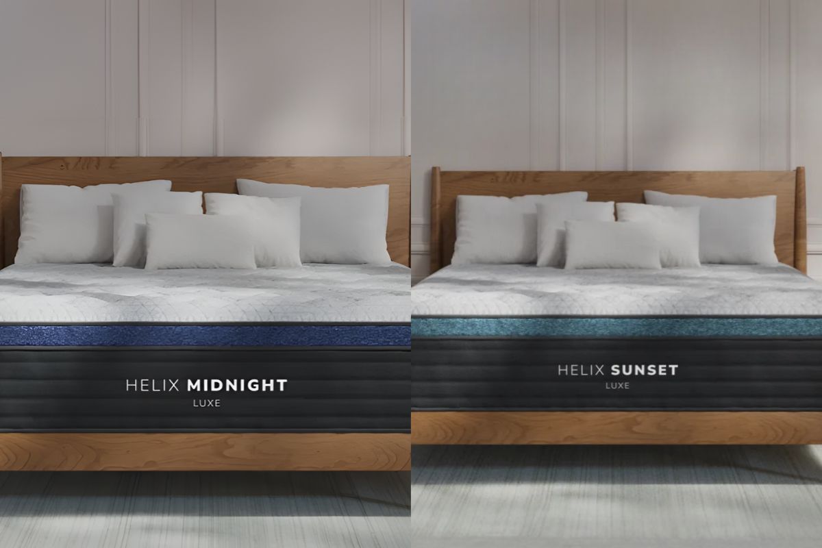 Helix Midnight Luxe vs Helix Sunset Luxe mattress comparison showing both beds side by side