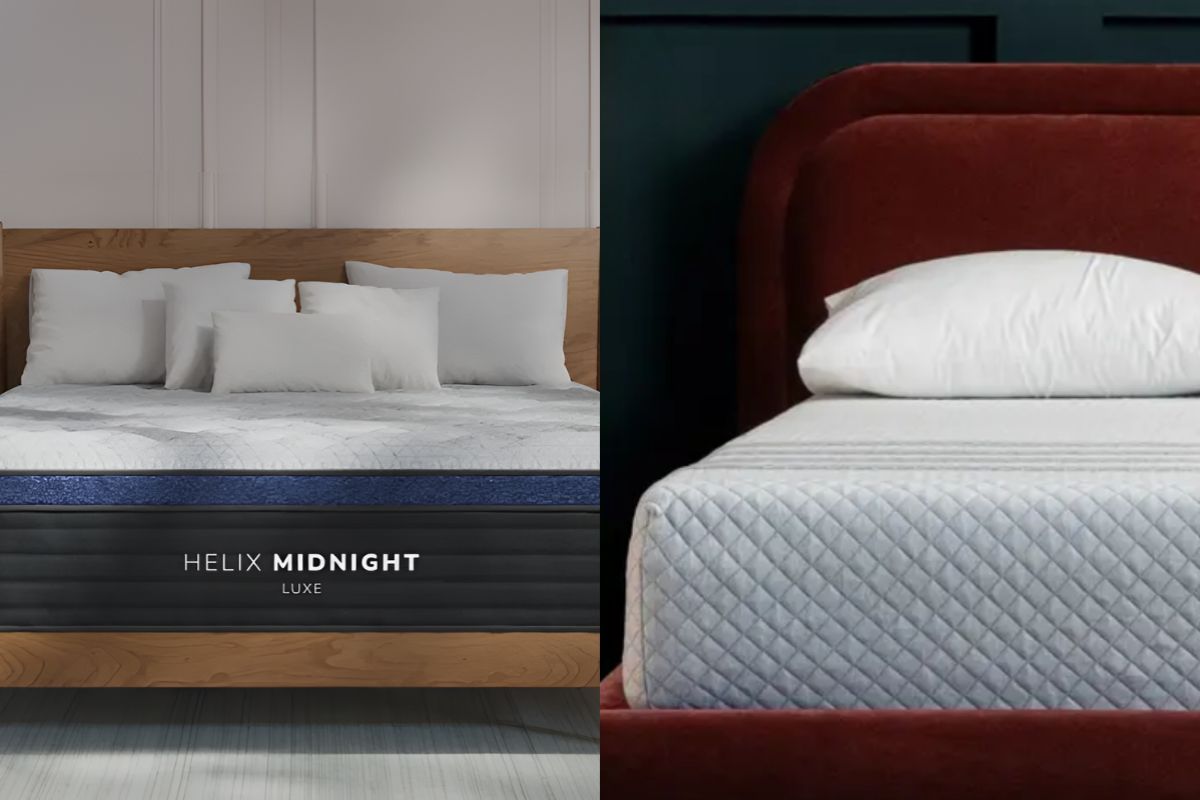 Helix Midnight Luxe vs Leesa Sapira Hybrid mattress comparison showing both beds side by side in bedroom settings