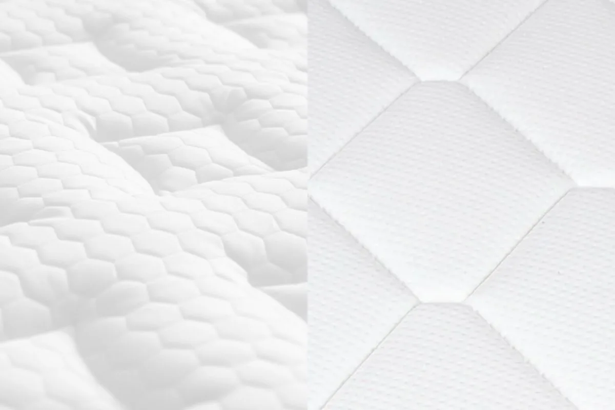Helix Midnight Luxe vs Plank Firm Luxe A side by side of different mattress covers.